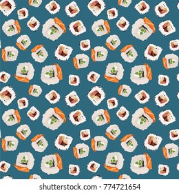 Seamless colorful pattern. Vector background with Sushi rolls and Japanese food. Patterned paper wallpaper for scrapbooking