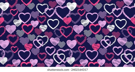 Seamless colorful pattern with vector hand drawn sketch shape hearts. Print with set texture pink heart silhouettes. Valentine, love dark background. Design for textile, fashion, fabric