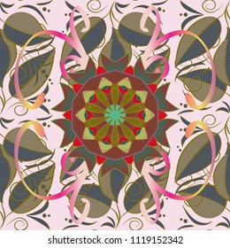 Seamless colorful pattern. Vector illustration. Bright turquoise seamless pattern (tiling) with leaves, flowers, fern and branches. Isolated on neutral, brown and blue.