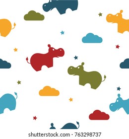 Seamless colorful pattern. Vector retro background with abstract flat style hippo.