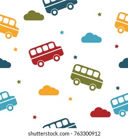 Seamless colorful pattern. Vector retro background with abstract flat style buses.
