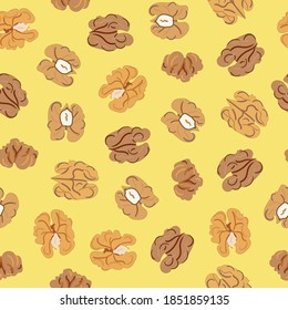 Seamless colorful pattern of walnut. Kitchen, cooking print. Textile design. Organic food. Hand drawn cartoon vector illustration