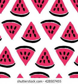 The seamless colorful pattern with watermelon slices. The food background for your design. Fruits, healthy snack, summer. Textile, blog decoration, banner, poster, wrapping paper.