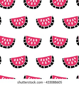The seamless colorful pattern with watermelon slices. The food background for your design. Fruits, healthy snack, summer. Textile, blog decoration, banner, poster, wrapping paper.