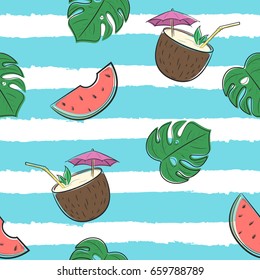 Seamless colorful pattern with watermelons, monstera leaves and cocktails. Vector pattern with striped background