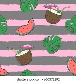 Seamless colorful pattern with watermelons, monstera leaves and cocktails. Vector pattern with striped background