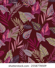 seamless colorful pattern  with a  wild  leaves and  branches of different sizes. artwork for tattoo, fabrics, souvenirs, packaging, greeting cards and scrapbooking