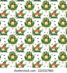 Nahtlose farbige Muster mit wilden Pilzen und Schmetterlingen auf weißem Hintergrund. Zeichnungen für Textilien, Gewebe, Tapeten, Cover, Scrapbooking, Desktop