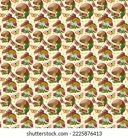 Seamless colorful pattern with wild mushrooms and butterflies on a light beige background. Drawing for textiles, fabrics, wallpaper, covers, scrapbooking, desktop