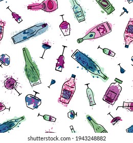 Seamless colorful pattern with wine bottles and glasses. Vector illustration.