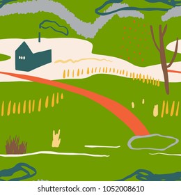 The seamless colorful pattern with winter landscape in a village. Hand-drawn overlapping background for your design.Textile, blog decoration, banner, poster, wrapping paper