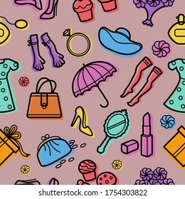 Seamless colorful pattern with woman things. Vector illustration pattern. Woman accessories shopping icons background. Gloves shoes hats jewelry. Fashion Icons backdrop for sale banner, poster design