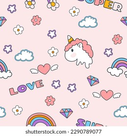 Seamless colorful pattern in y2k style on pink background. Groovy elements and words. Illustration for textile, paper, fabric, background, print design. Vector