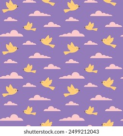 Seamless colorful pattern with yellow birds and pink clouds in purple sky. Cute cartoon vector background	