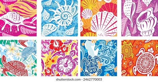 Seamless colorful patterns with Beach motives, Shells, Turtles, WavesAdobe Illustrator Artwork	
