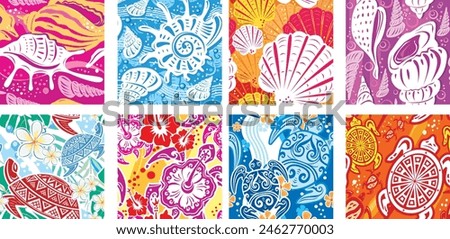 Seamless colorful patterns with Beach motives, Shells, Turtles, WavesAdobe Illustrator Artwork	
