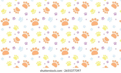 Vetor de impressão de pata colorido contínuo no fundo branco. Pegadas de animais bonitas em laranja, amarelo, azul e roxo. Padrão divertido