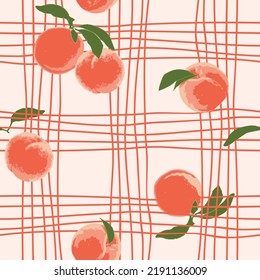 Seamless colorful peaches and stripes checkered pattern print background. Vector illustration is perfect for textiles, stationery, wallpaper, packaging design, interior decoration. Surface pattern