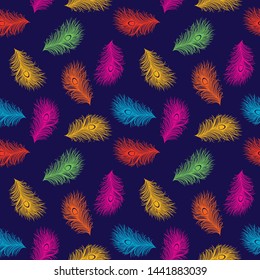 Seamless colorful peacock feather pattern with navy background