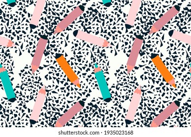 seamless colorful pencil pattern on abstract trendy hand drawn shapes and design elements. Vector 