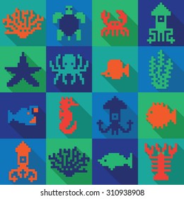 Seamless colorful pixel deep sea pattern