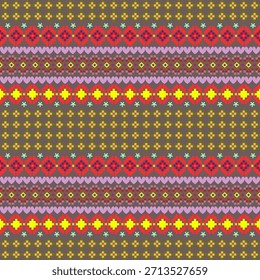 Padrão de faixa pixelada colorido contínuo. Design bonito com corações rosas e roxas e flores pequenas, perfeito para roupas infantis, Dia dos Namorados e papel digital.