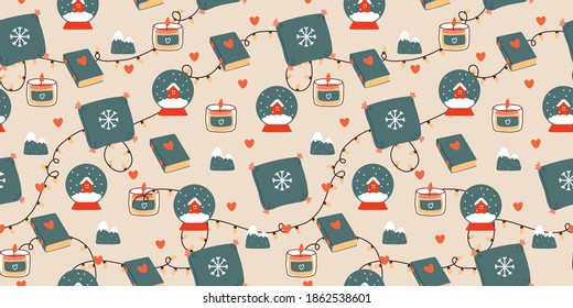 Seamless colorful playful cozy warm winter pattern. Vector cartoon hand drawn illustration. Background design