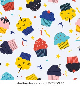 Seamless  colorful playful cupcake pattern. Vector cartoon hand drawn illustration. Background design for children