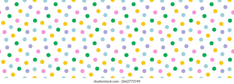 Patrón de lunares coloridos sin fisuras con puntos de confeti sobre fondo blanco. Vector alegre para estampados infantiles, invitaciones de fiesta, tela, scrapbooking. Arrastre hasta el panel Muestras para utilizarlas