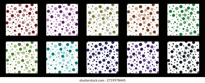 Conjunto de patrón de lunares coloridos sin costuras con tamaños variados para el diseño textil y de fondo.