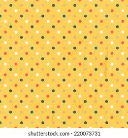 Seamless colorful polka dots pattern with textured layer, vector
