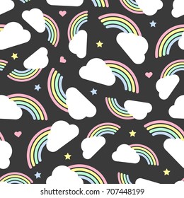 Seamless Colorful Rainbow And Cloud With Polka Dot,star And Heart Glitter Pattern On Grey Background