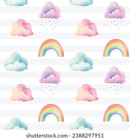 Seamless colorful rainbow and clouds pattern. Watercolor clouds rainbows vector background in pastel colors