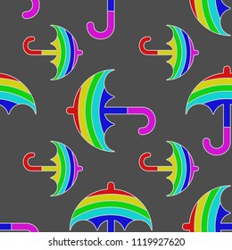 Seamless colorful rainbow umbrella pattern on dark grey background
