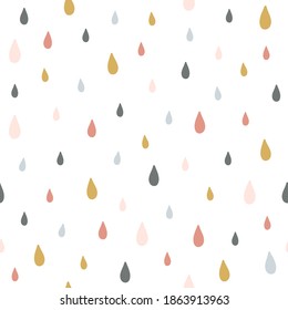 Seamless colorful raindrops pattern background. Multicolored rain pattern falling on an isolated background. Vector illustration.