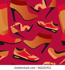 Seamless colorful retro background with shoes in flat simple design. Vector pattern of collection Fashion and Beautiful shoes - Illustration