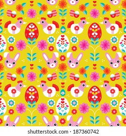 Seamless colorful retro easter chicken and bird blossom illustration background pattern in vector