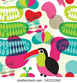 Seamless colorful retro exotic brazil toucan bird abstract organic shape illustration background pattern in vector