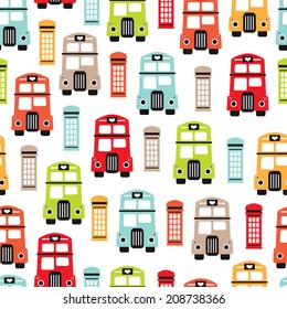 Seamless colorful retro London UK theme double decker bus and telephone booth illustration background pattern in vector