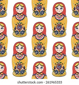 Seamless colorful retro Russian Doll illustration cover design background pattern in vector. EPS