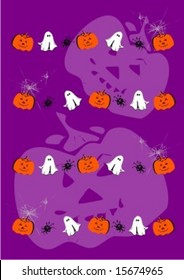 Seamless colorful scary halloween illustration with pumkin, ghost and spider on violet background. JPG vers. in my port