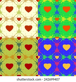 Seamless colorful set of abstract backgrounds with symbolic hearts