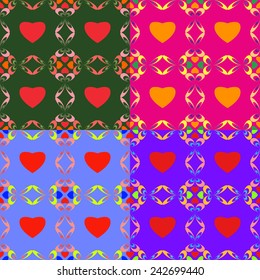 Seamless colorful set of abstract backgrounds with symbolic hearts