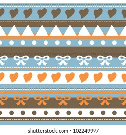 Seamless colorful shapes pattern, hearts and dots and ribbons, vector illustration