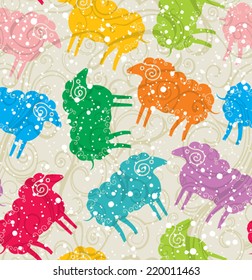 Seamless colorful sheep under the snow.