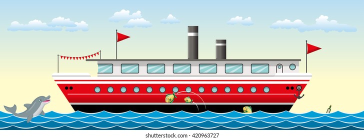 Seamless colorful ship background with fish