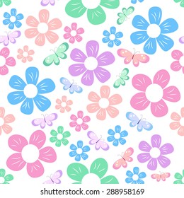 seamless with colorful simple different flowers and butterfly on white background, childish pattern, vector illustration