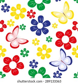 seamless with colorful simple different flowers and butterfly on white background, childish pattern, vector illustration