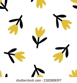 Seamless colorful simple pattern with wild flowers. Floral background with hand drawn flowers. Simple Scandinavian style. Vector illustration