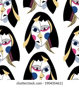 Seamless colorful simple vector pattern illustration portrait of abstract lined surreal cubist face. The design is perfect for stickers, packages, decorations, textiles, surfaces, stationary